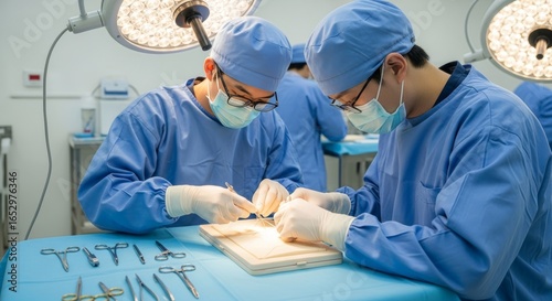 Surgeons performing microsurgery procedure in operating room