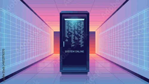 A visually striking digital environment illustrating a server or data system presenting 'SYSTEM ONLINE', symbolizing connectivity and technological advancement in a cyber environment.