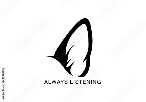 Black cat ear illustration with text always listening, isolated on white background