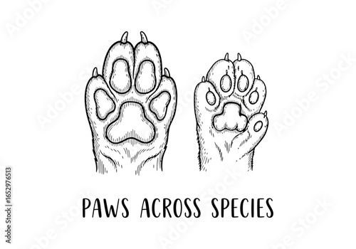 Dog and cat paw prints comparison, isolated on white background