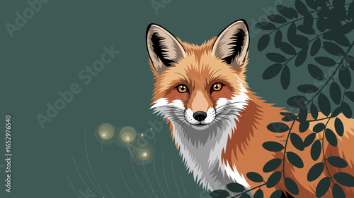 This image showcases a beautifully illustrated fox with striking orange and white fur, set against a soothing green backdrop and complementing foliage details.