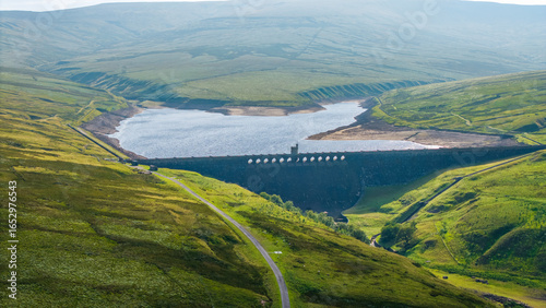 Drone photograph showing the very low water levels in Scar House Reservoir during the 2025 heatwave and drought. Months of below average rainfall  have left the reservoirs looking very dry.