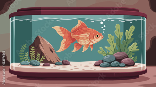 A lively goldfish swims gracefully in its aquarium, surrounded by rocks and aquatic plants, illustrating the beauty and tranquility of underwater life in a vibrant setting.