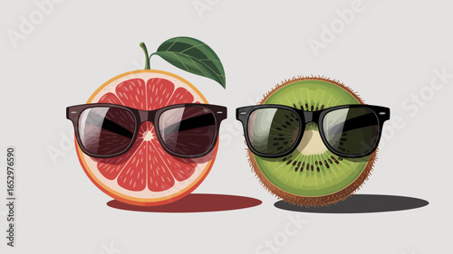 Two fun fruits, an orange and a kiwi, don stylish sunglasses, creating a quirky and modern image that combines humor and fashion, perfect for vibrant and cheerful designs.
