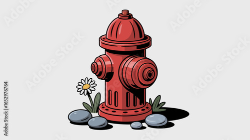 An eye-catching image of a red fire hydrant set against a backdrop of greenery and stones, showcasing urban features harmoniously integrated into a natural environment.