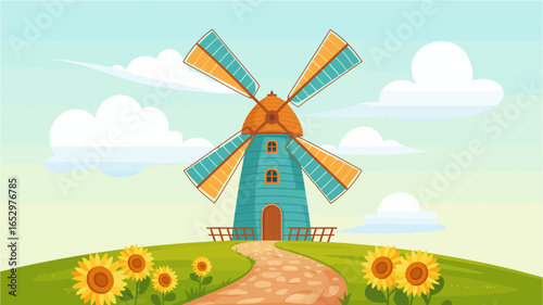 A picturesque windmill set against a bright sky with blooming sunflowers, representing tranquility, nostalgia, and the beauty of rural landscapes in harmonious rural settings.