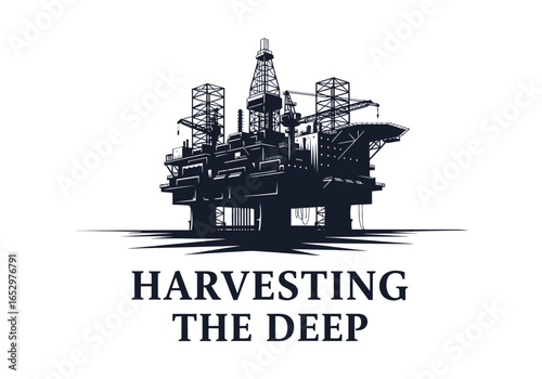 Harvesting the deep text with offshore oil rig isolated on white background