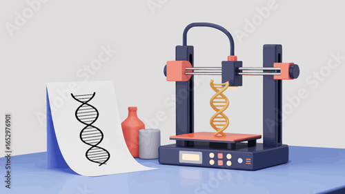 A state-of-the-art 3D printer in vibrant colors is seen creating a model of DNA, representing the fusion of technology and biology in innovative ways that inspire future possibilities.