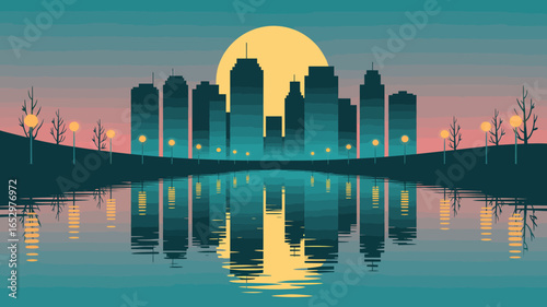 A vibrant, stylized city skyline at sunset reflected in water, showcasing silhouettes of skyscrapers against a colorful gradient background, creating an enchanting atmosphere.