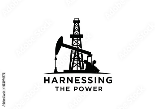 Oil pump jack and derrick with text harnessing the power isolated on white background
