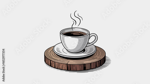A beautifully crafted coffee cup on a rustic wooden coaster, steam wafting above, creating a cozy and inviting atmosphere perfect for coffee lovers and relaxation.