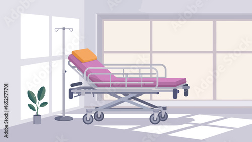 An inviting illustration of a hospital room featuring a clean, modern design, emphasizing a comfortable environment equipped with essential medical facilities and natural light.