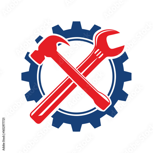 Red hammer and wrench crossed over blue gear symbol on white background tool