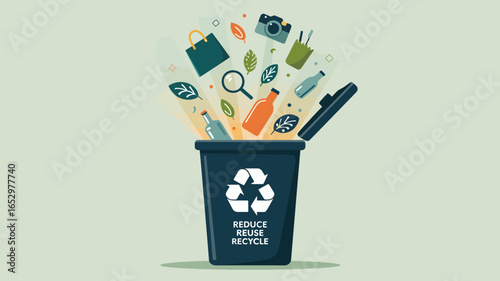 An eye-catching recycling bin overflowing with various recyclable items such as bottles and bags, representing the importance of sustainability and environmental consciousness.