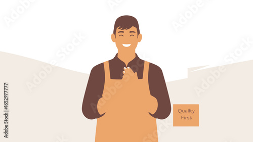 A happy worker in a quality-first environment, focusing on customer satisfaction and ensuring the best service, showcasing positive workplace vibes and teamwork.