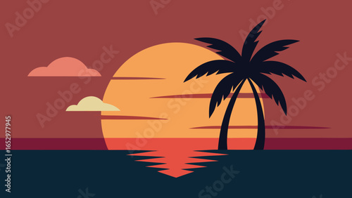 Silhouette of a palm tree against a large setting sun over the ocean with stylized clouds sunset tropical transparency background