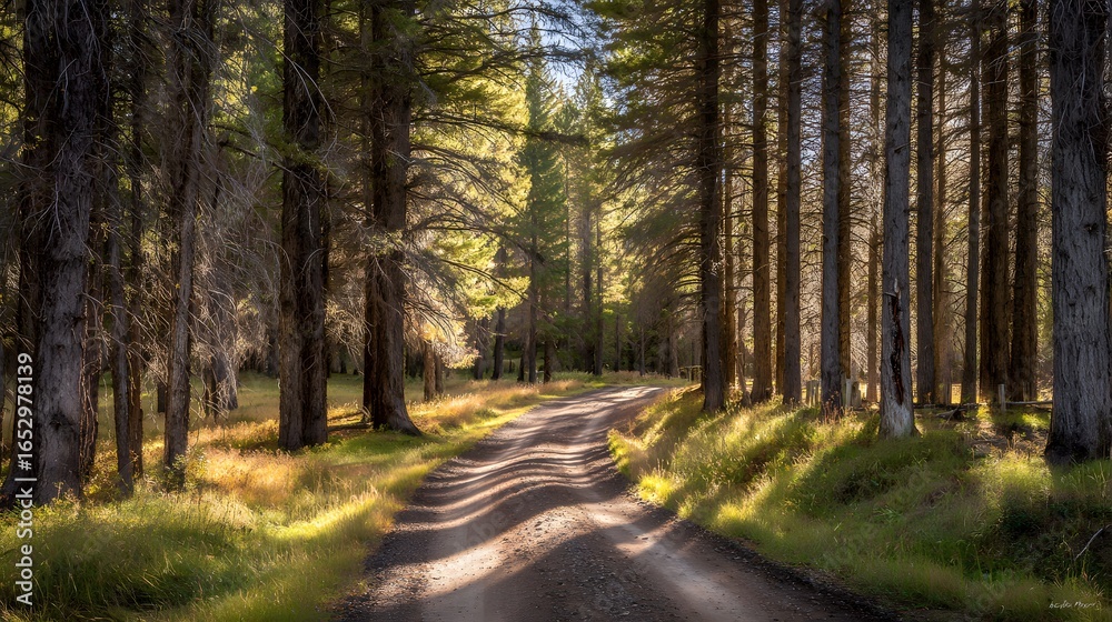 Fototapeta premium A sun-drenched forest path winds through tall trees, casting long shadows on the dusty ground.