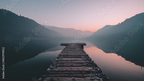 Fototapeta Naklejka Na Ścianę i Meble -  A serene wooden dock extends into a tranquil lake, reflecting the soft, misty mountains on a calm morning.