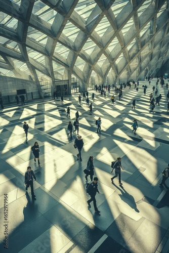 Birds-eye view of students navigating intersecting corridors. Geometric patterns of skylight enhance the architectural composition and figures' artificial poses.