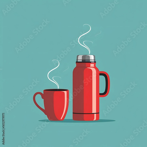 Steaming coffee and thermos set, perfect for morning routines, travel, or cozy moments