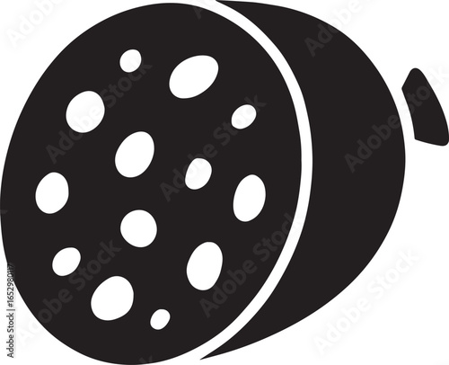 Silhouette of a salami slice, cured and savory, simple black icon for food and culinary design projects.