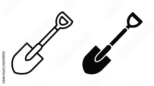 Simple Shovel Icons: Outline and Solid Black Versions,  Versatile Construction and Gardening Graphics,  Clean Minimalist Style for Website or App Design.