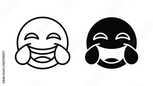 Vector illustration of two laughing emojis; one line art, one solid black, expressing extreme joyful laughter with tears of mirth; perfect for social media, websites, and apps.