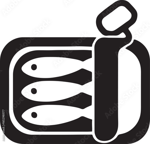 Silhouette of a sardine tin, canned fish, simple black icon for food and culinary design projects.