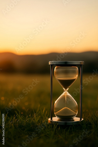 Minimal hourglass on a grassy meadow at sunrise, soft natural light, shallow depth of field