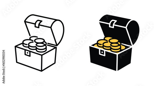 Open Treasure Chest Icon:  Line Art and Solid Black Versions,  Illustrating Wealth, Prosperity, and Financial Success.