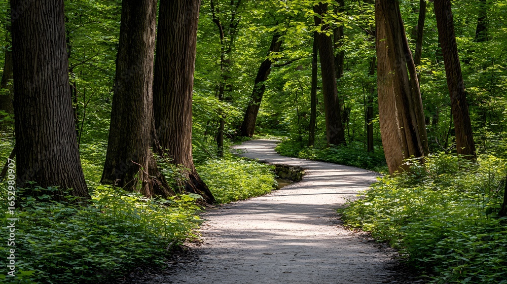 Fototapeta premium A winding path meanders through a lush, verdant forest, bathed in the sunlight.