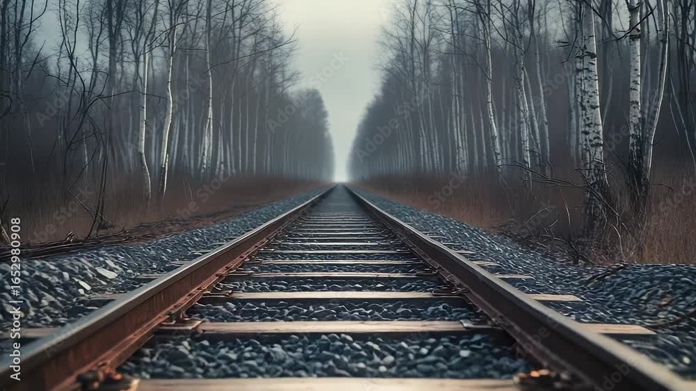 Straight railway track stretching into foggy forest with gravel stones and bare trees creating moody atmospheric perspective background Straight railway track stretching into foggy forest with gravel stones and bare trees creating moody atmospheric perspective background