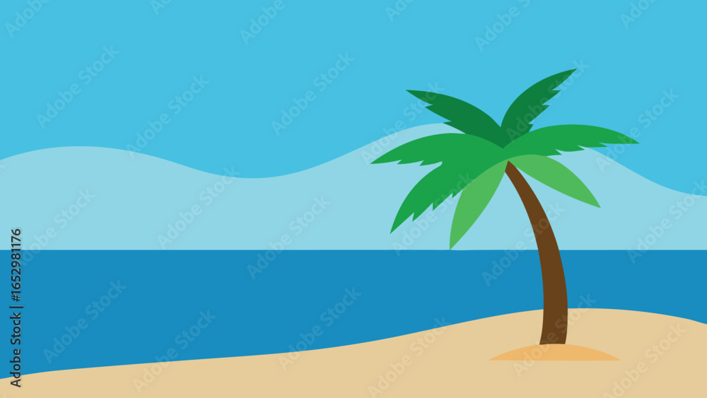 Obraz premium Single Palm Tree On A Sandy Beach With Blue Ocean And Sky vector illustration transparency background