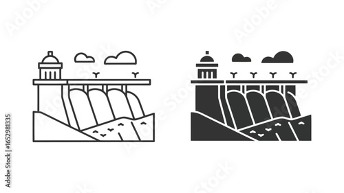 Hydroelectric Dam Icons: Line Art and Solid Black Graphic Set for Renewable Energy, Water Management, and Infrastructure Projects.