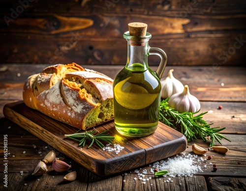 Rustic Italian Bread Olive Oil Garlic Rosemary Sea Salt on Wooden Board