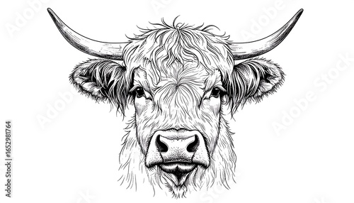 Detailed monochrome illustration of a long-haired bull's head
