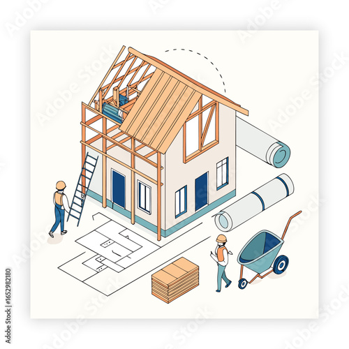 Isolated construction site with workers cartoon drawing, building house, art, construction house, construction site,
