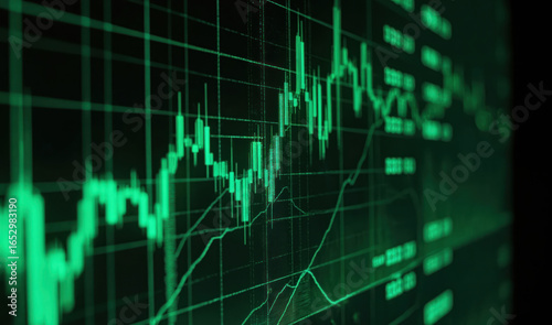 Green stock market chart displays financial data on digital screen. Candlestick graph indicates trading trends, economic analysis. Technology monitors investment growth, forex prices, market exchange