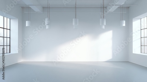 Fototapeta Naklejka Na Ścianę i Meble -  Large, empty room with white walls and a white ceiling. The room is bare and uncluttered, with no furniture or decorations. The space is open and airy, with a large window letting in natural light