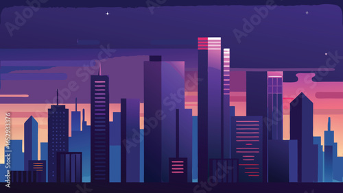 Stylized cityscape at dusk with purple and pink hues and illuminated skyscrapers skyline urban transparency background