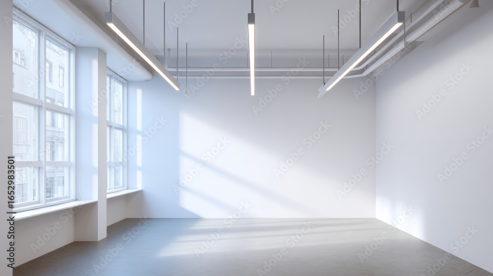Obraz premium Large, empty room with a white wall and a window. The room is very bright and open, with a lot of natural light coming in through the window. The space feels clean and uncluttered