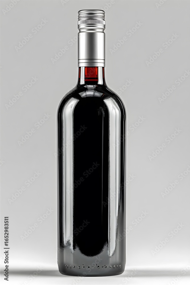 Sleek, elegant bottle of red wine with a modern silver cap is captured in a professional studio shot against a pristine, clean white background. Sleek, elegant bottle of red wine with a modern silver cap is captured in a professional studio shot against a pristine, clean white background.