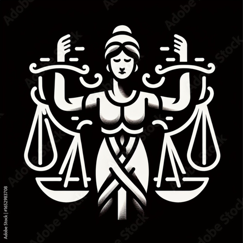 Lady Justice Icon: A minimalist line drawing of Lady Justice, representing justice and fairness, with balanced scales against a sleek black background.