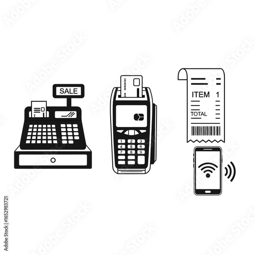 Illustration of a cash register, payment terminal, receipt, and a mobile phone with wireless payment capabilities.