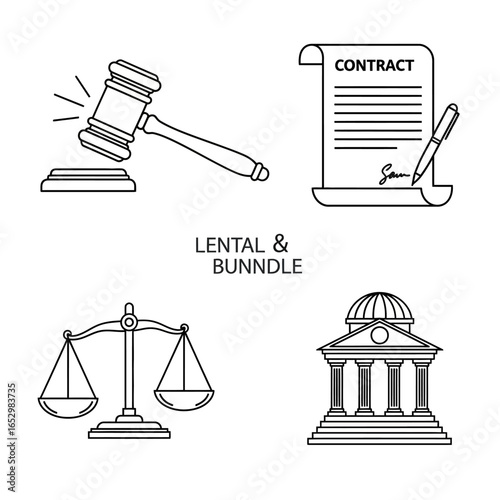 Line art icons of legal and judicial symbols.