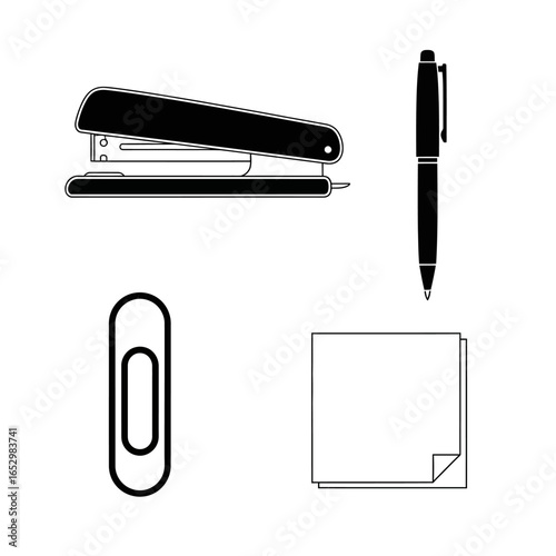 A collection of essential office supplies including a stapler, pen, paperclip, and sticky notes.