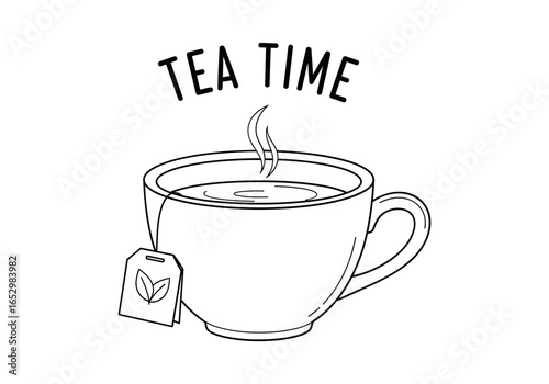 Cup of hot tea with steam and tea bag, tea time isolated on white background