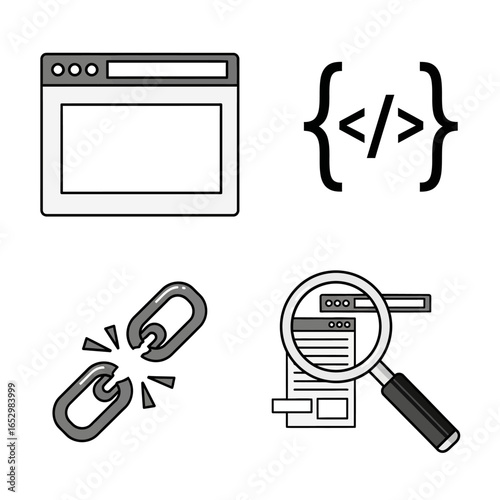 Icons depicting website, code, broken link, and web analysis.