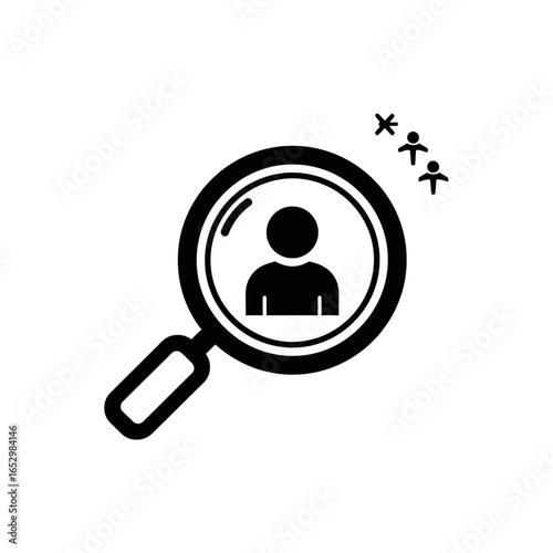 Magnifying glass focusing on a person icon, symbolizing human resources, recruitment, and talent search.