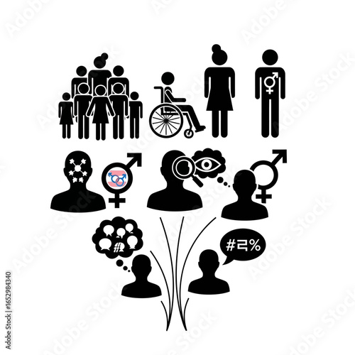 Image depicting diverse individuals, symbols of gender, disability, and social commentary.